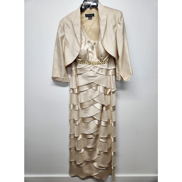 Jessica Howard Women's 2Pc Maxi Gold Tiered/Layered Dress With Jacket, Size 10 - Picture 1 of 14